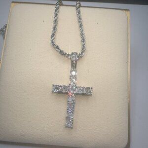 Cubic Zirconia Cross Pendant Necklace With Rope Chain Stainless Steel Silver Pla